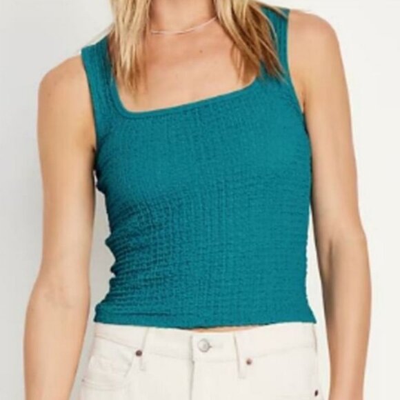 NWT Old Navy Womens Teal Smocked Tank Top Size L Stretch Comfort Ruched - Picture 1 of 3